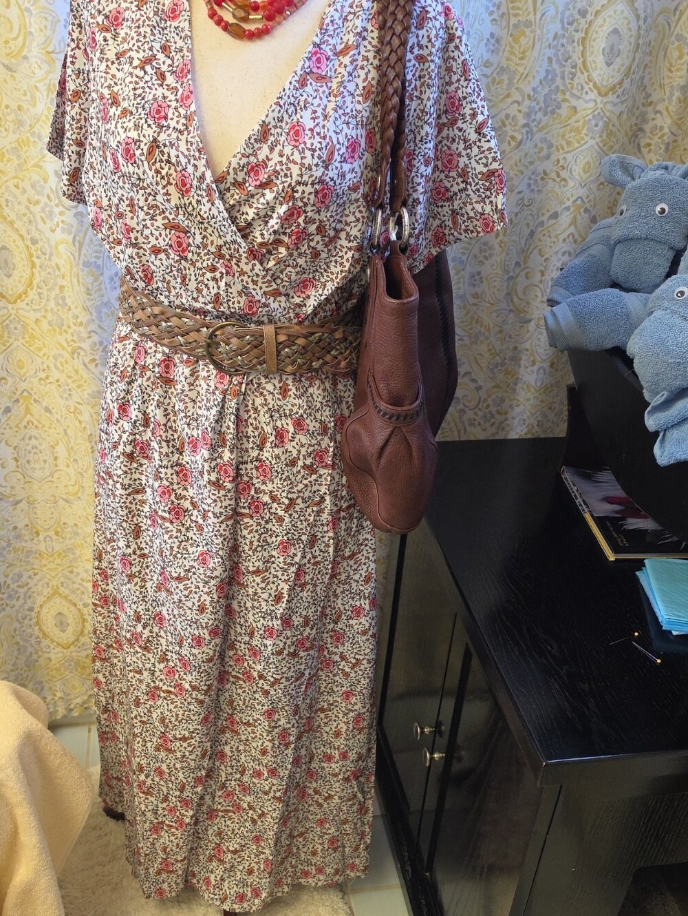 Source Unknown Floral Wrap Maxi Dress in Cream and Pink